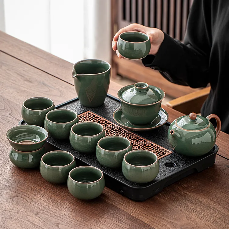 哥窑秘绿功夫茶具套装家用客厅办公室会客陶瓷泡茶壶茶杯茶盘整套