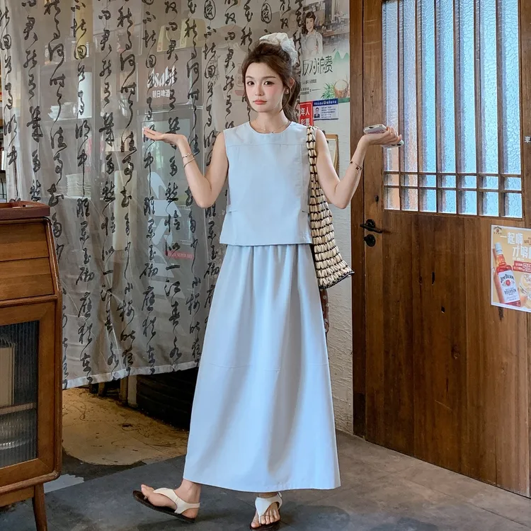 2025夏季新款韩系设计感温柔风套装裙女一整套背心半身裙两件套
