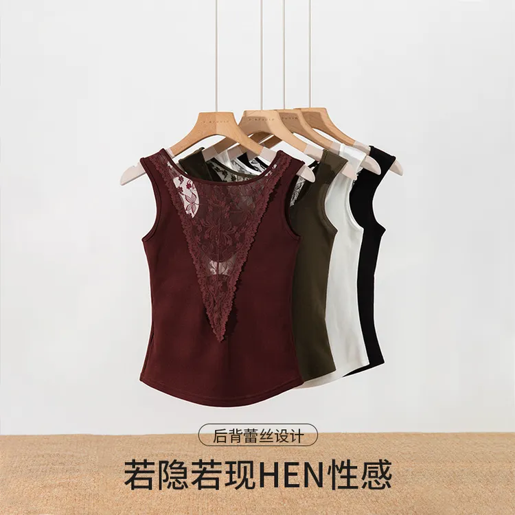 秋冬磨毛吊带无袖蕾丝背心女带胸垫文胸一体内搭外穿修身打底美背