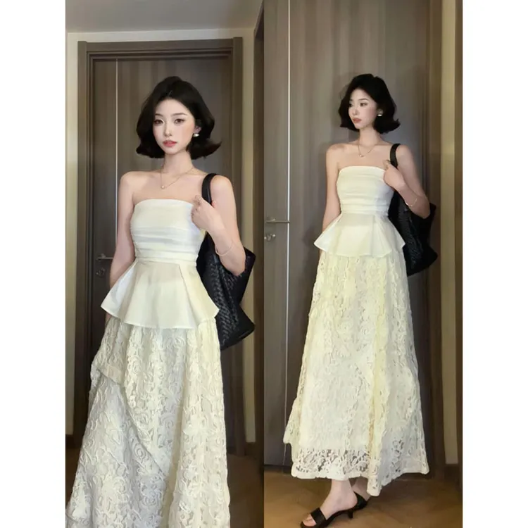 2025年夏季新款ins法式名媛风性感收腰显瘦抹胸上衣配高腰半身裙