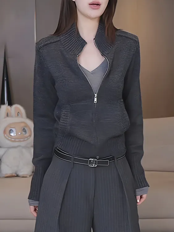 灰色双拉链立领长袖针织开衫女秋冬季2025年新款休闲毛衣外套上衣
