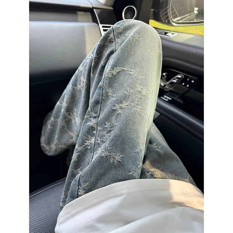 浅蓝色荆棘提花牛仔裤美式高街vibe裤子男夏季水洗直筒微喇弯刀裤