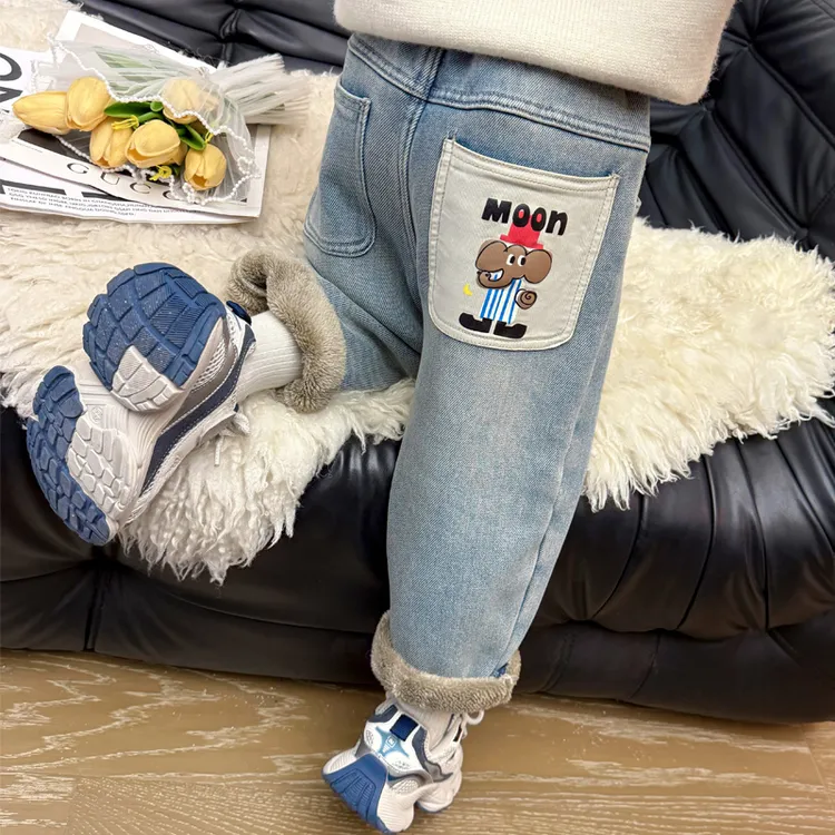 女童加绒牛仔裤2024新款儿童冬季一体绒裤子宝宝冬装加厚保暖长裤