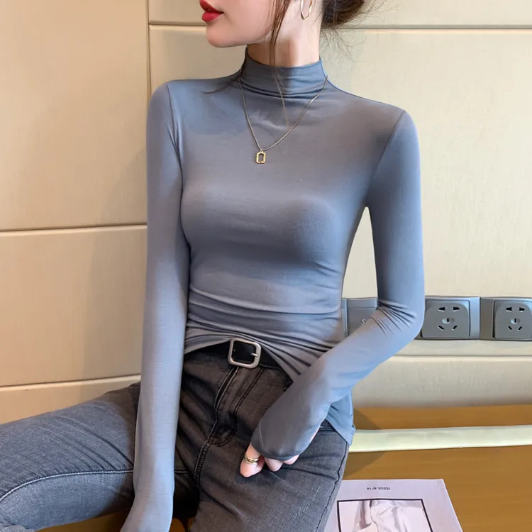 莫代尔半高领打底衫女内搭春秋冬新款洋气紧身高级感灰色薄款上衣