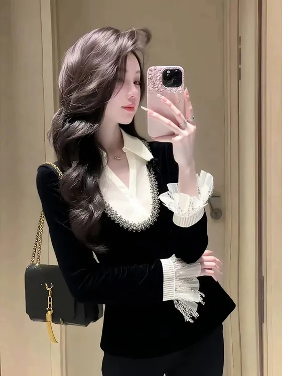 Y207黑色假两件丝绒上衣女内的赫本风高端小众独特漂亮衬衫洋气
