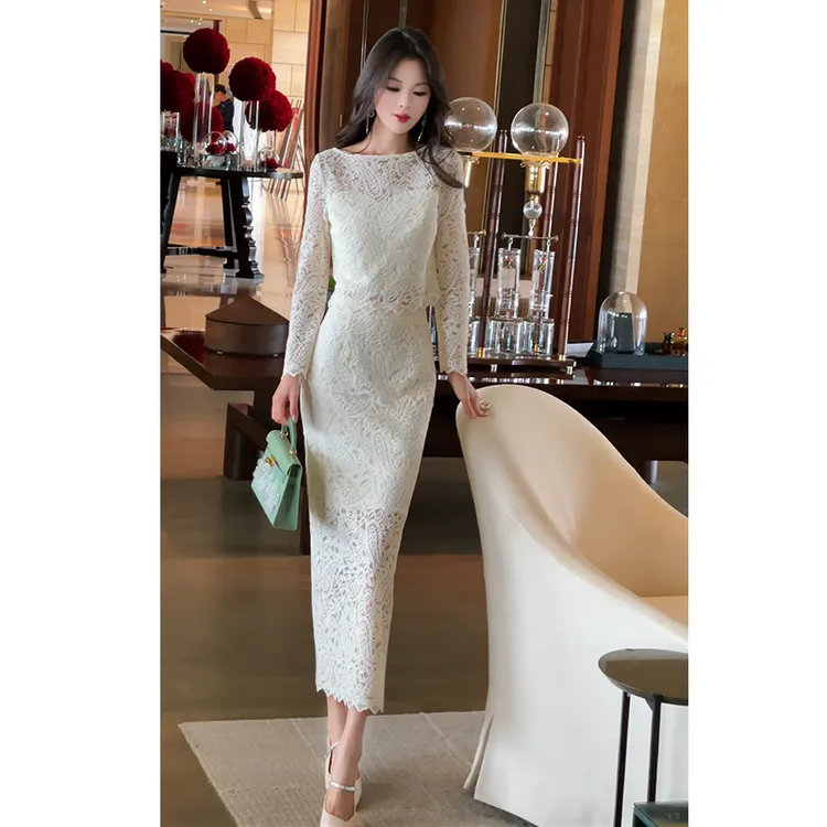 格润雅名媛轻奢气质套装女2025秋季新款蕾丝上衣显瘦包臀裙两件套