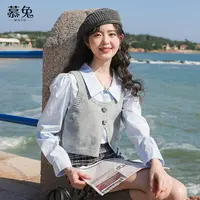 【粉丝专属】TU20768法式针织马甲长袖衬衫两件套叠穿背心上衣套装