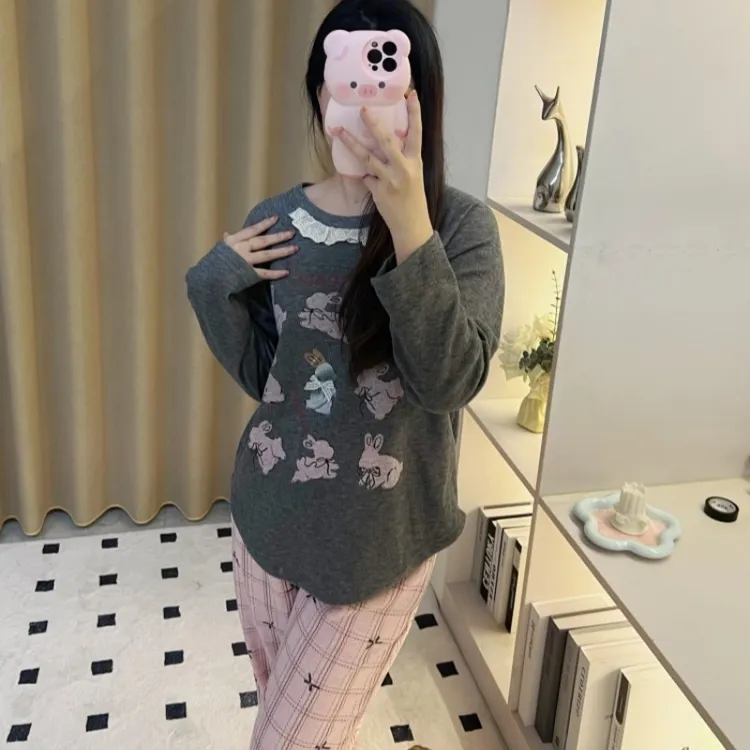 【PIC】秋冬可爱兔子印花加厚睡衣女蕾丝边甜美风长袖家居服套装