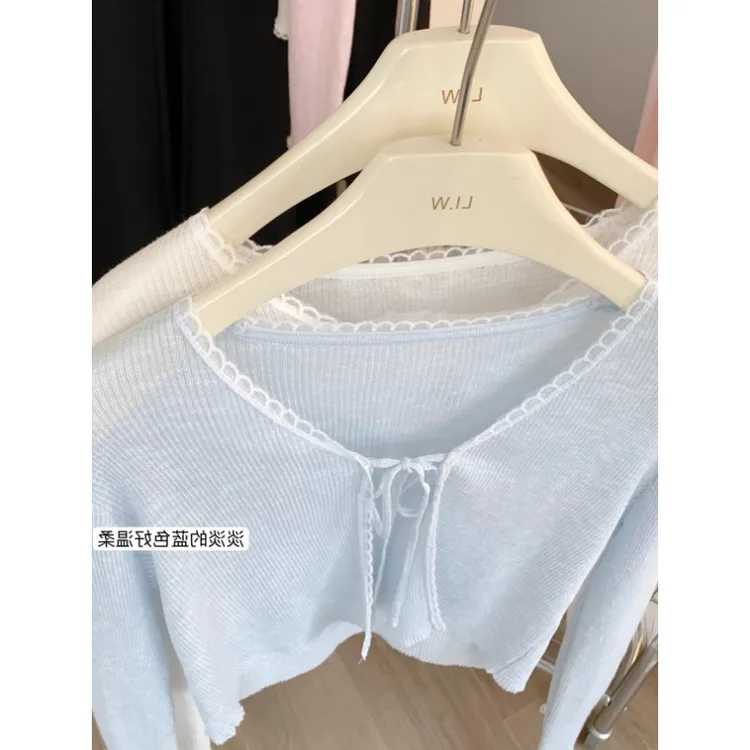 蕾丝花边v领蓝色针织开衫女薄款防晒衫吊带裙外搭披肩夏季空调衫