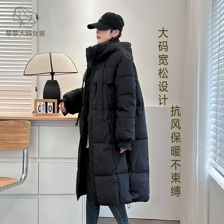 长款过膝防风连帽大码女装冬长款连帽棉服女宽松保暖加厚棉衣外套