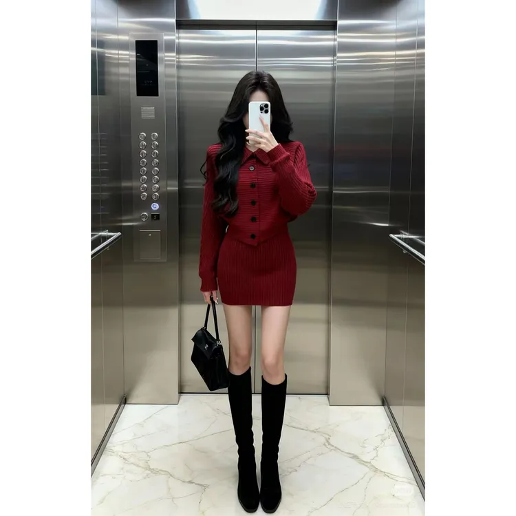 网红休闲简约通勤加厚开衫+短裙时尚套装休闲风