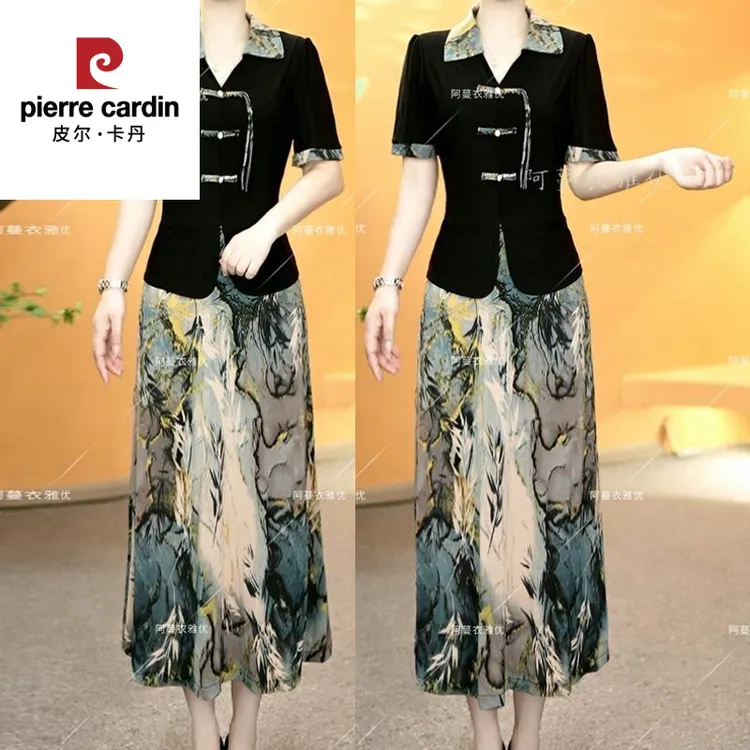 夏季新款女拼接丝光弹力缎面假两件衬衫领连衣裙妈妈装新中式裙子