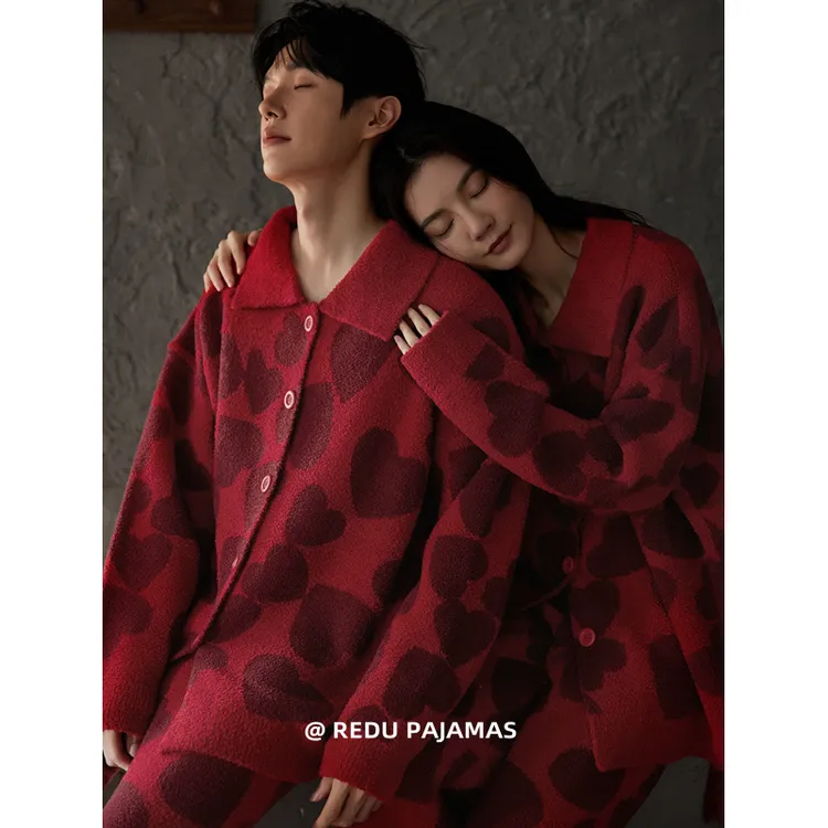 热妒情侣睡衣女冬季结婚新婚半边绒红色爱心珊瑚绒家居服套装新款