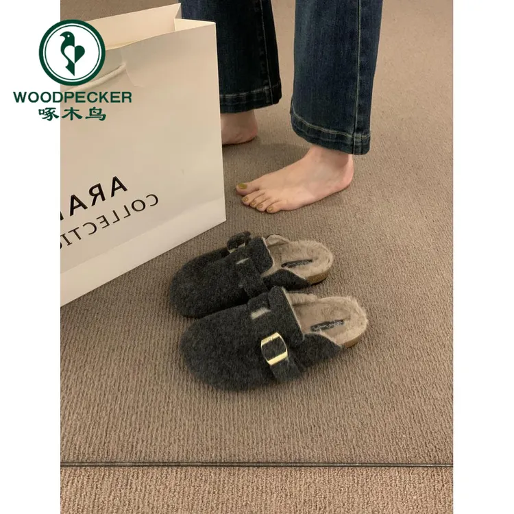 啄木鸟2025毛毛鞋女秋冬外穿保暖棉鞋一脚蹬包头半拖鞋呢子勃肯鞋