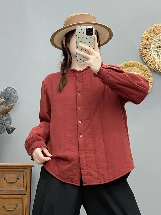 2025秋冬女款外套宽松百搭花边领棉衣棉服休闲棉袄木耳领立领外套