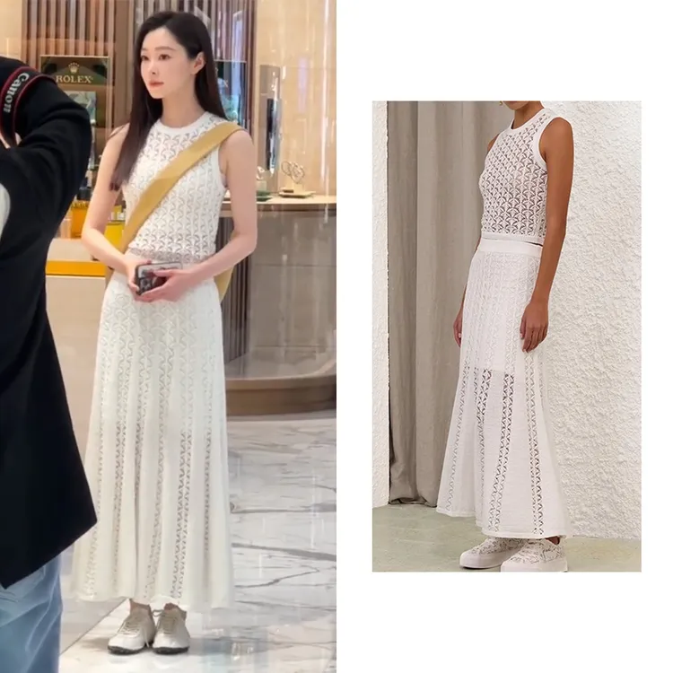 Miss Judy宋轶同款白色无袖镂空半身裙两件套气质修身时尚套装女