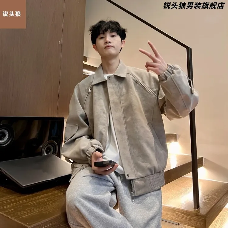 皮衣外套美式痞帅2025春秋季翻领雾面皮夹克高街复古翻领机车服