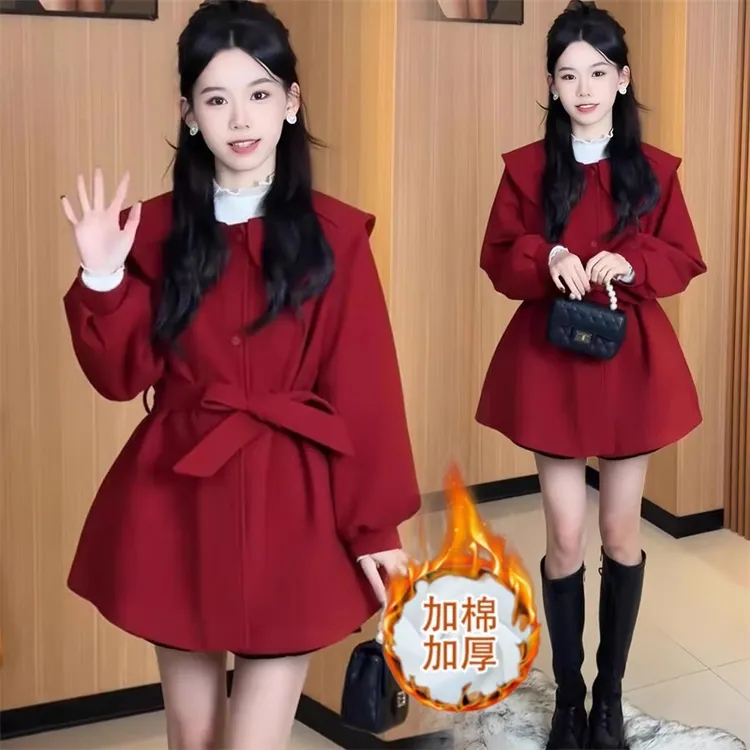 雅鹿加棉加厚毛呢外套女秋冬新款潮流娃娃领显瘦上衣保暖呢子大衣