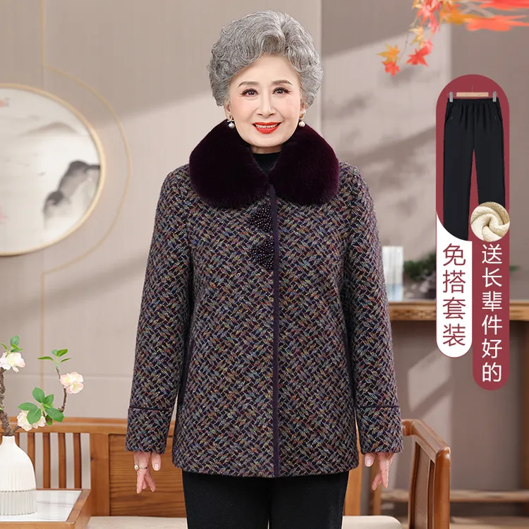 中老年人2025冬季女妈妈装奶奶装加绒加厚带毛领保暖上衣外套