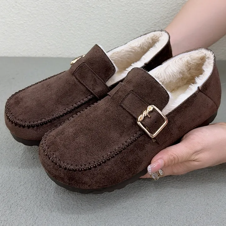 冬季新款加绒乐福鞋女加厚保暖毛毛鞋百搭豆豆鞋一脚蹬防滑妈妈鞋