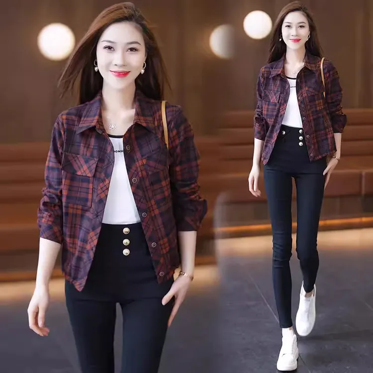 时尚格纹短款polo衬衫女2025春季新款小个子宽松显瘦减龄外套
