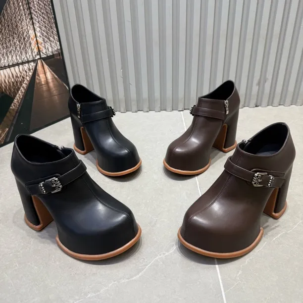 富819-21新款厚底粗跟金属扣防水台高跟鞋洋气显脚小跟高10公分