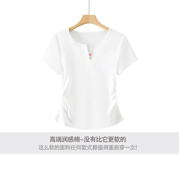 品牌25123短袖V领T恤显瘦打底纯色百搭白色女夏季巨遮网红气质