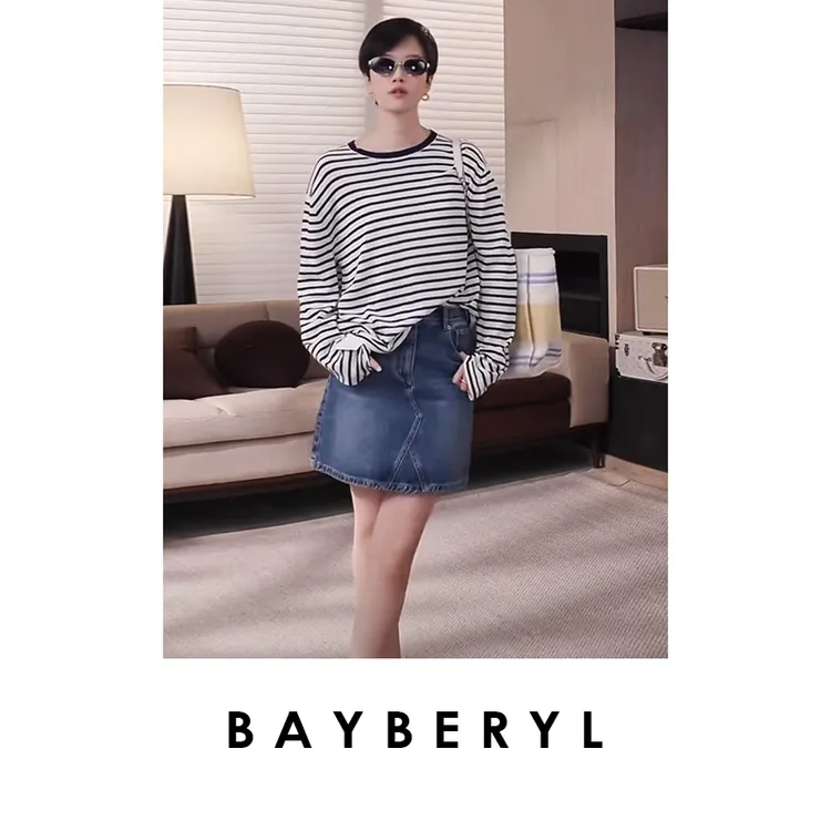 BAYBERYL老贝航海记*条纹圆领慵懒百搭休闲针织衫ZZS5C1906-4/22