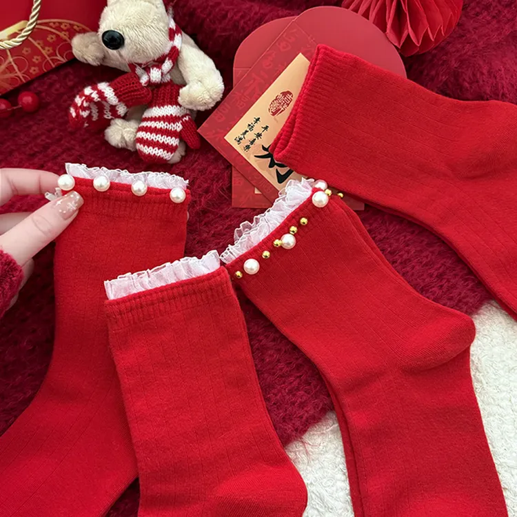 配小皮鞋珍珠袜红色袜子女款秋冬2025新款本命年花边袜新年中筒袜