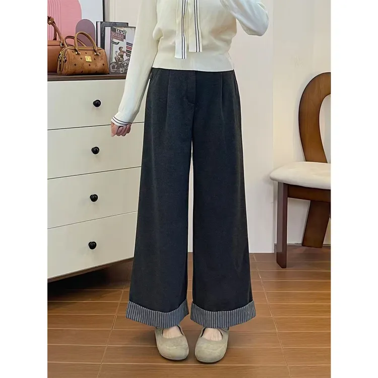 深灰色加绒毛呢休闲裤女冬季新款胖mm梨形身材高腰显瘦九分阔腿裤
