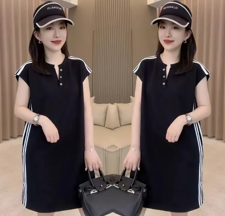 休闲风条纹大码连衣裙2025夏季新款短袖纽扣纯色高腰宽松连衣裙女
