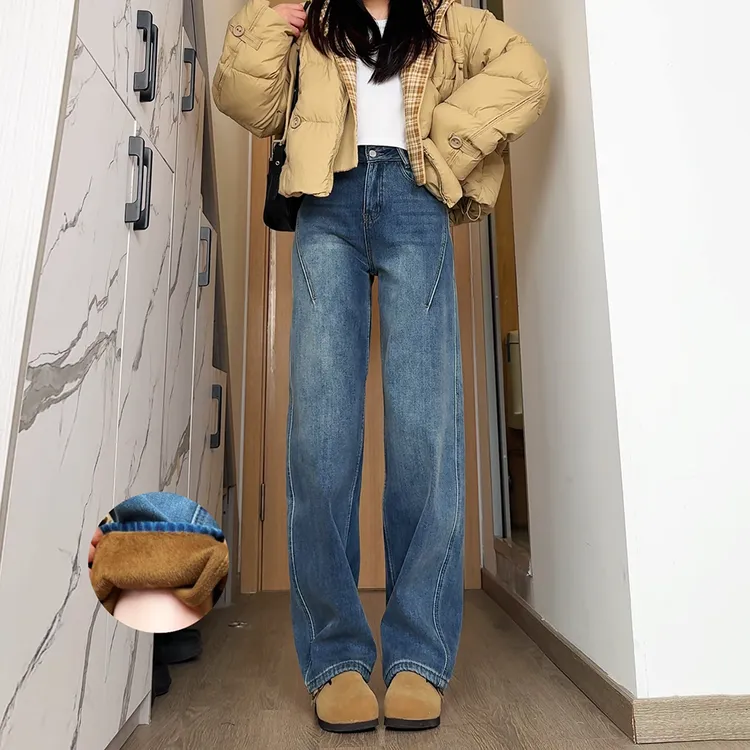 秋冬季韩版直筒裤加绒牛仔裤显瘦弯刀裤高腰阔腿裤女生休闲长裤子
