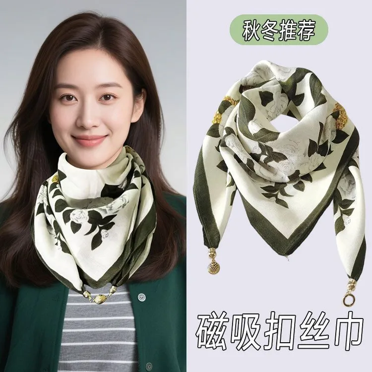 2025新款磁吸扣丝巾女秋冬懒人吊坠薄款方巾护颈围巾围脖时尚百搭