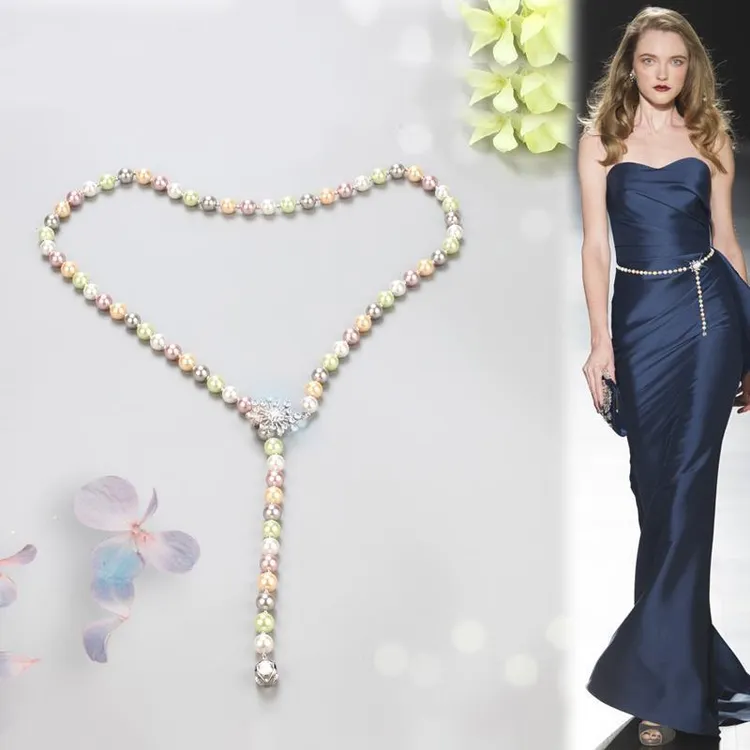 铜合金仿珍珠项链 贝珠腰链女珍珠腰带细水钻装饰配连衣裙子珠链