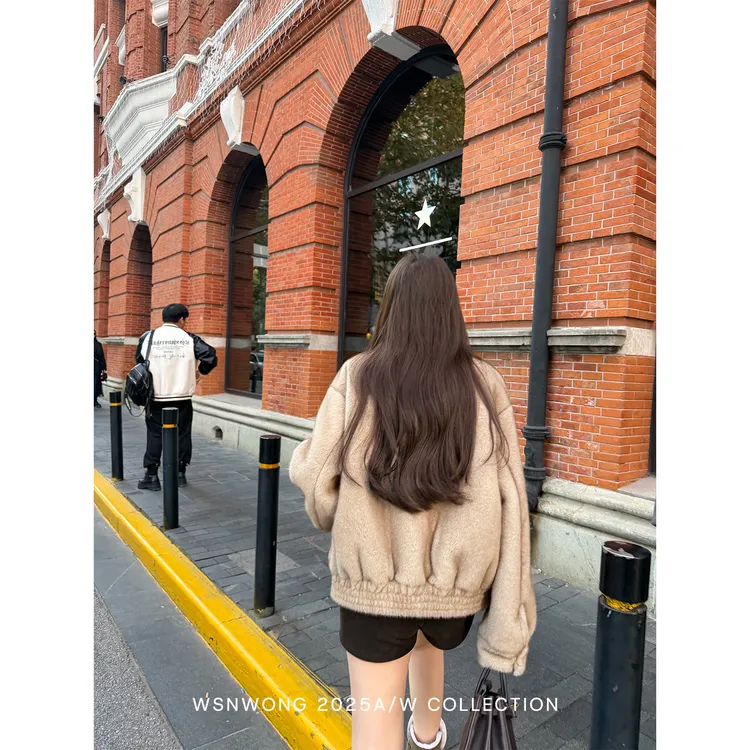 Wsnwong <现货>仿貂毛皮毛一体外套女短款加厚环保皮草翻领上衣