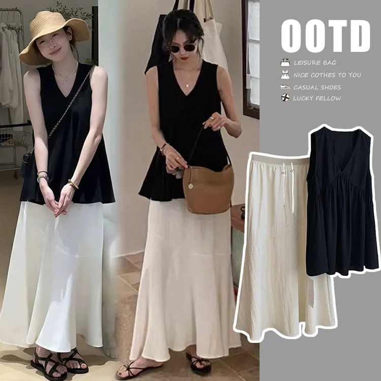 孕妇装2025夏季爆款韩版无袖背心搭鱼尾半身裙法式孕妇连衣裙套装