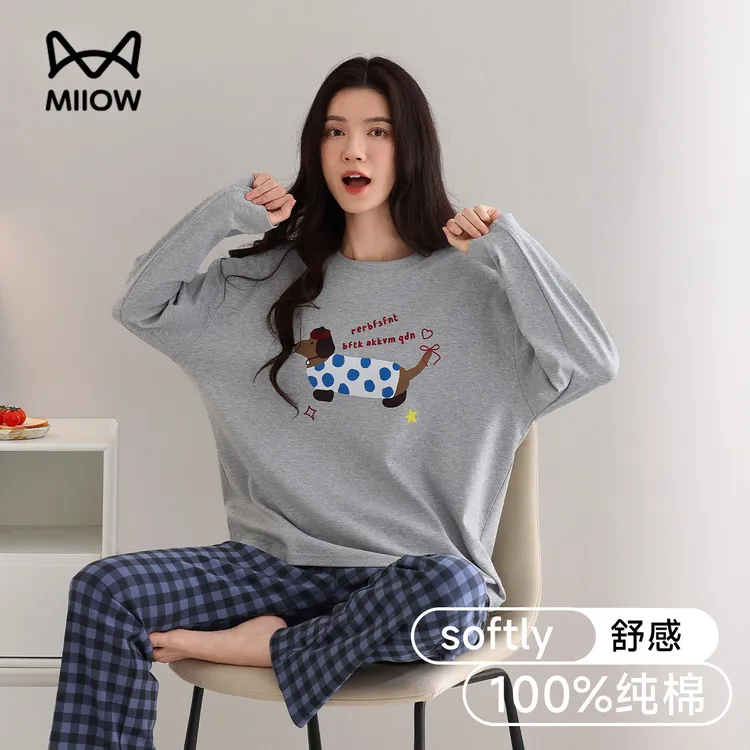猫人纯棉睡衣女款爆款2025新款长袖宽松格子卡通家居服套装可外穿