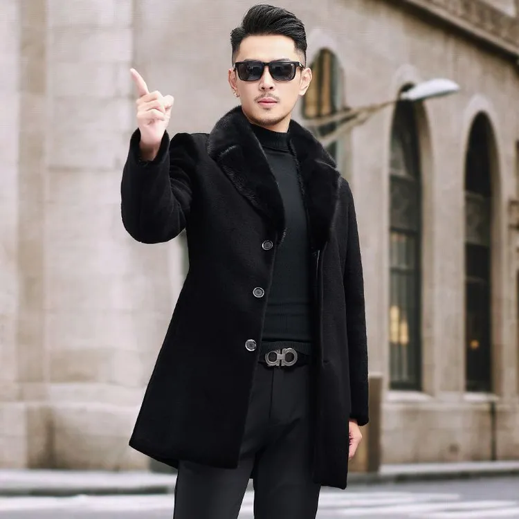 皮毛一体男冬季水貂领羊剪绒羊毛大衣中长款真皮草羽绒服皮衣外套