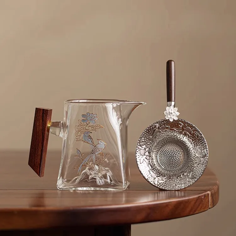 日式木把玻璃公道杯加厚高档纯手工分茶器合金茶漏防烫家用茶道
