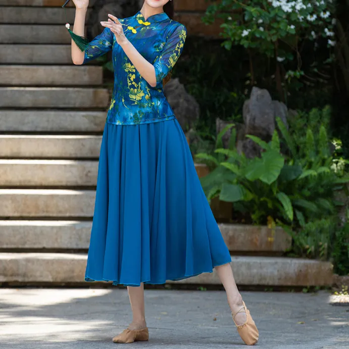 2025广场舞服装新款套装春夏舞蹈服古典舞雪纺大摆裙团体演出服女