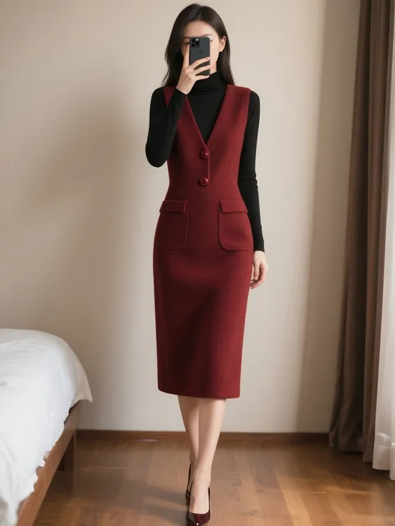 2026秋冬新款女装气质红色背心连衣裙子显瘦收腰通勤新年穿搭洋气