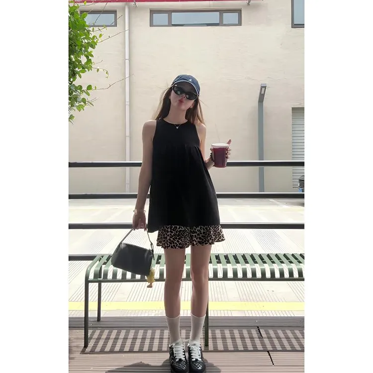 夏季女装套装针织挂脖上衣无袖背心小衫豹纹半身裙网纱A字短裙