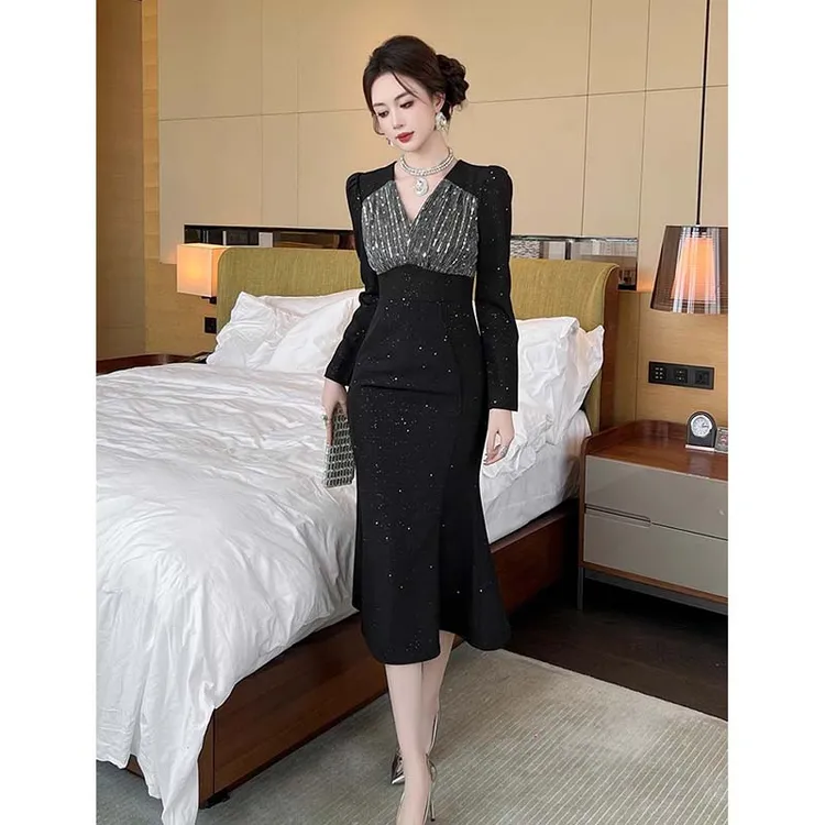 连衣裙女长款法式气质修身高级感v领裙子宴会晚礼服HY0091