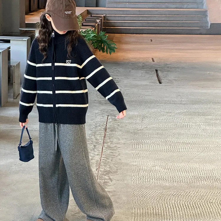 女童毛衣外套春秋儿童洋气开衫韩版中大童8-15岁女童半高领针织衫