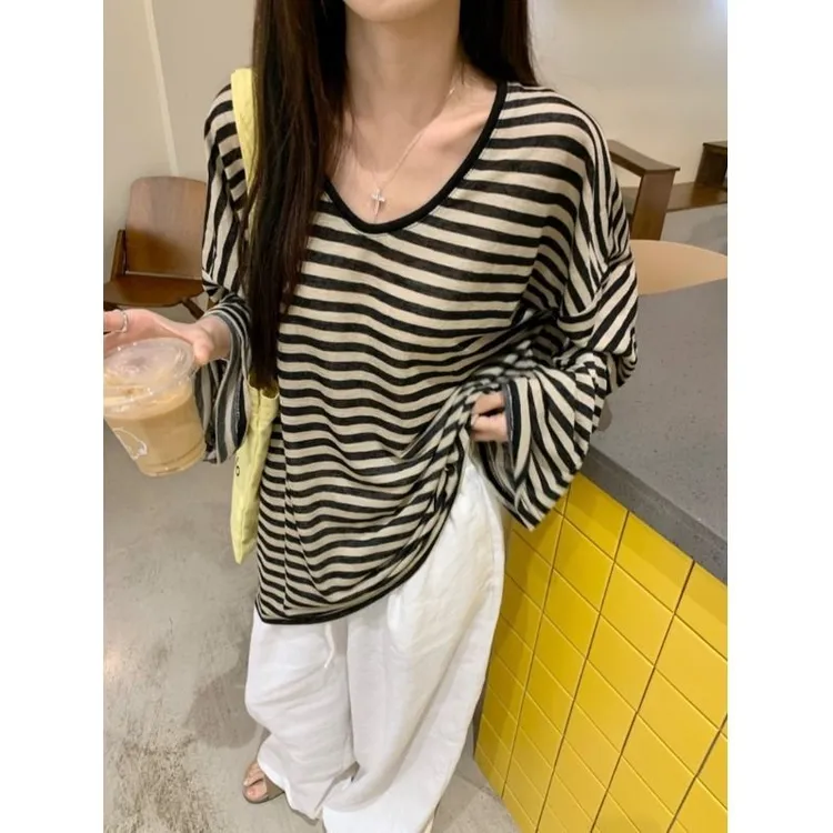 撞色条纹防晒罩衫t恤女早秋夏季宽松休闲慵懒松弛感条纹t恤女长袖