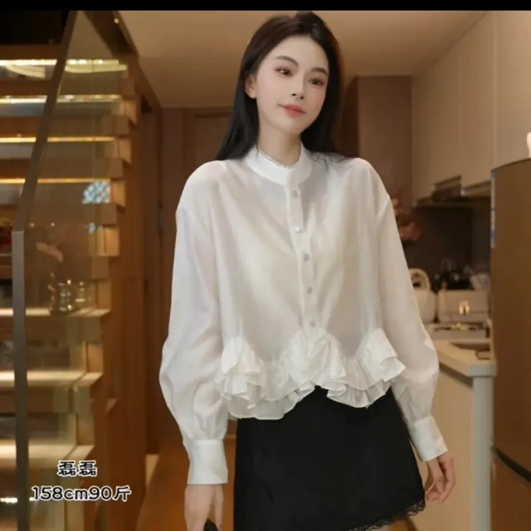 少女感新中式白色娃娃领拼接花边衬衫女