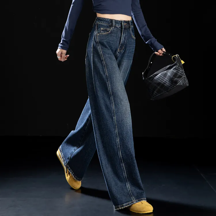 美式加绒阔腿牛仔裤女2025裤子网红款新款秋冬加厚高腰复古直筒裤