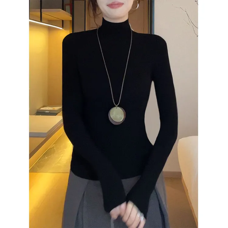 【挺括有型】高领螺纹打底衫女内搭春秋新款修身百搭纯色长袖女T恤