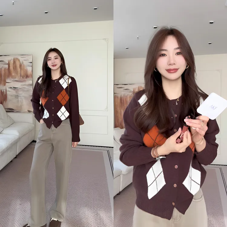 【余欢欢】冬季时尚韩系菱格绵羊毛针织衫开衫-YHW51207