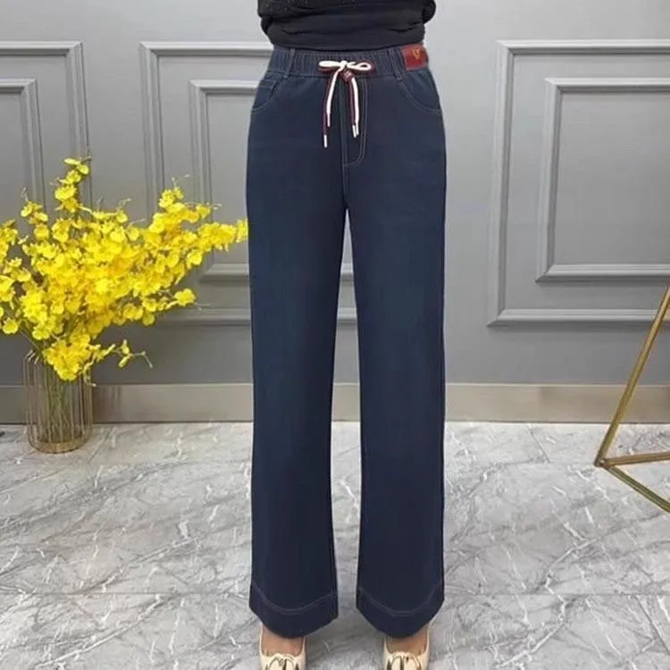 软款直筒显瘦女士夏季休闲蓝色高腰薄牛仔裤时尚洋气水洗弹力棉长